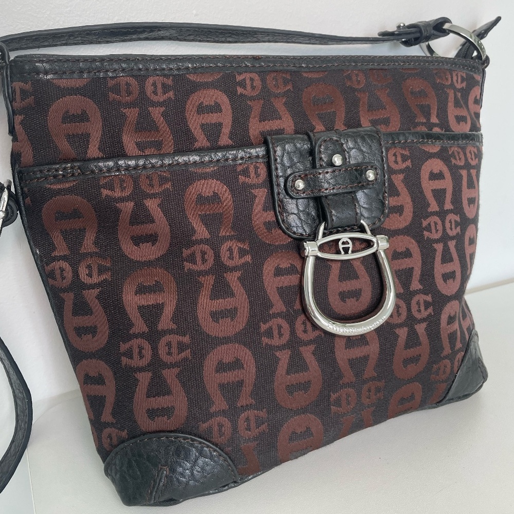 Etienne Aigner Y2K Equestrian Logo Shoulder Bag Brown Canvas Leather Purse